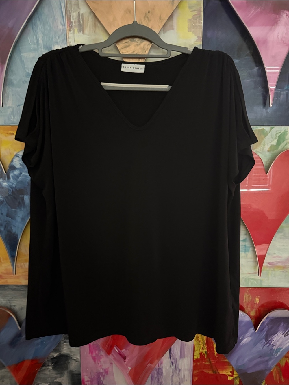 Susan Graver Black V-Neck Short Sleeve Draped Shoulder Peek A Boo Sleeved Top